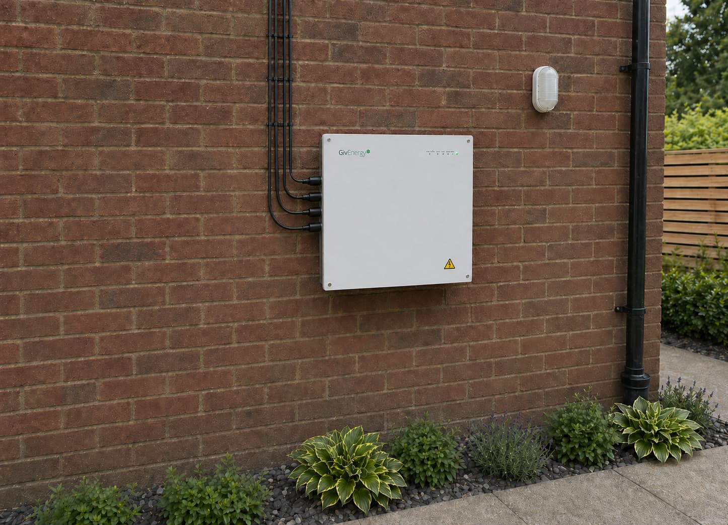 Home battery storage unit mounted on a garage wall
