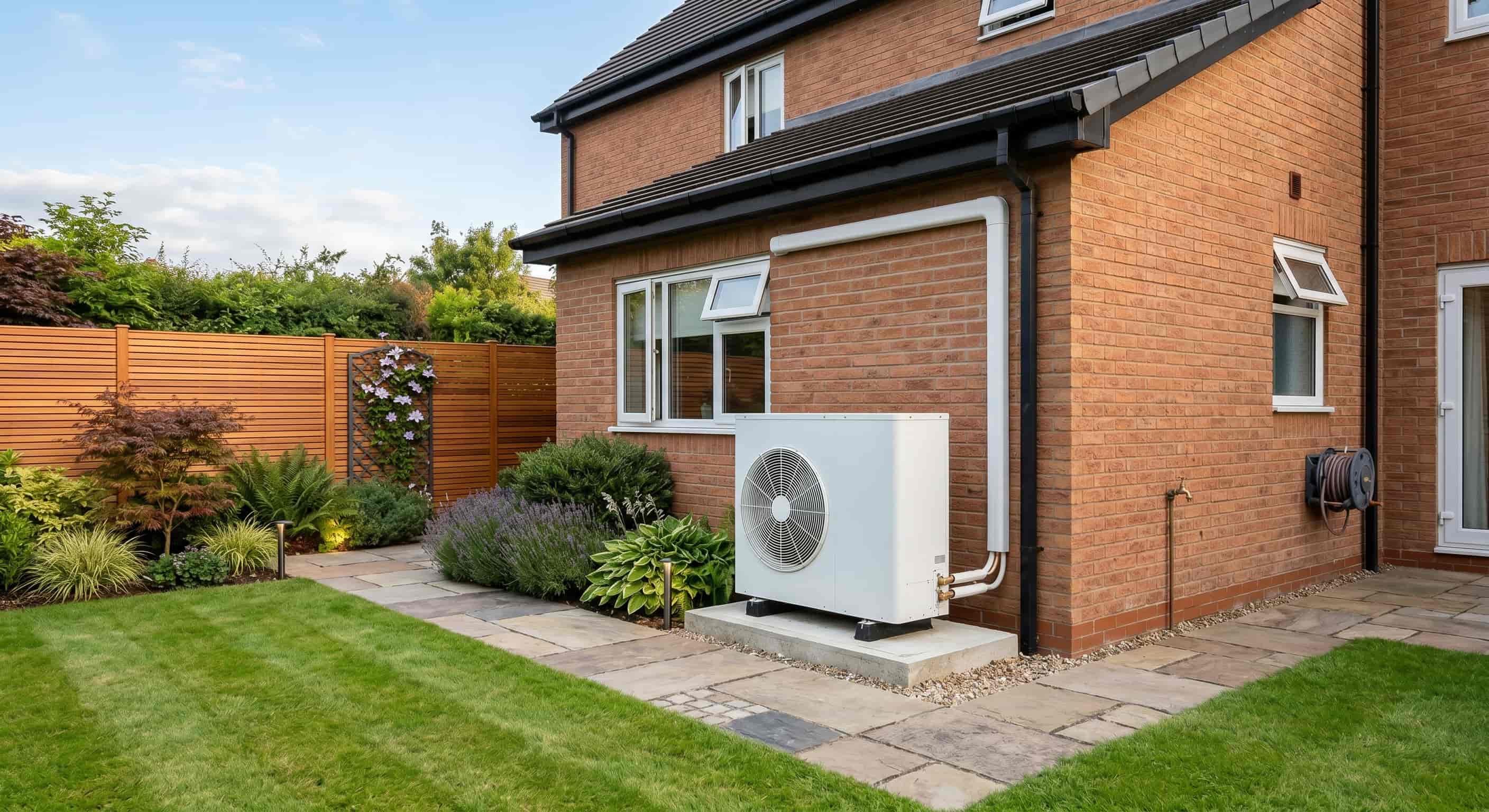 Air source heat pump installed in the garden of a UK brick home