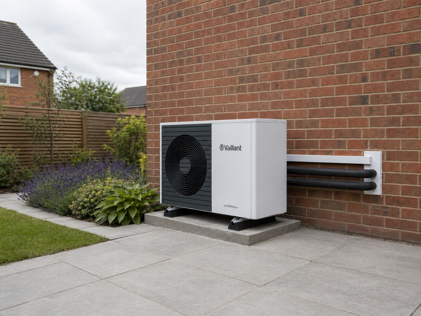 Vaillant air source heat pump installed on the exterior wall of a UK home